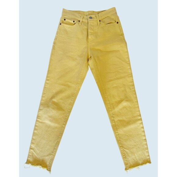 LEVI'S Yellow Button Fly High Waisted Straight Leg Raw Hem Jeans Sz 24 - Picture 2 of 7